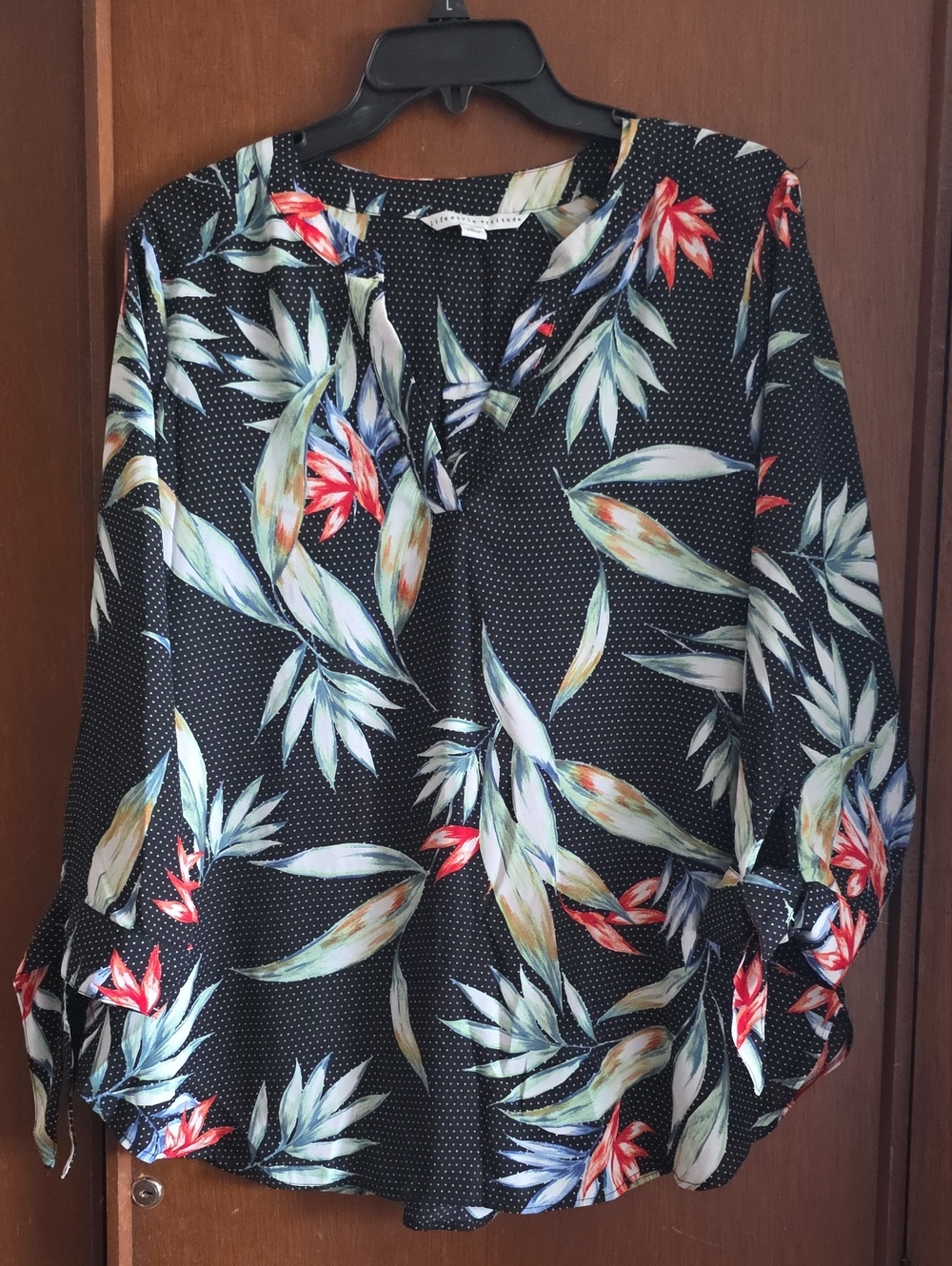 Black Floral Polka Dot Blouse with Tie Cuffs Sz L